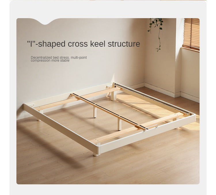 Rubberwood Solid Wood White Cream Platform Bed, Headboard-Free Bed