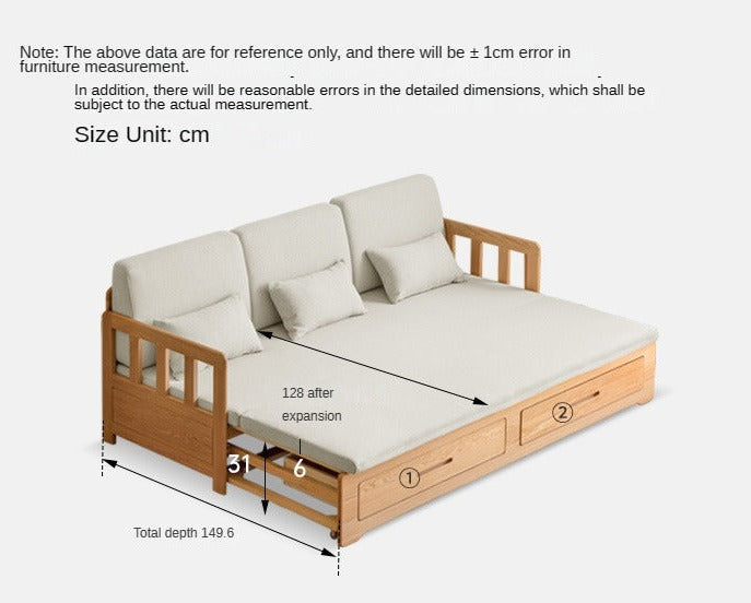 Oak Solid Wood Sofa Bed Folding Retractable Storage.
