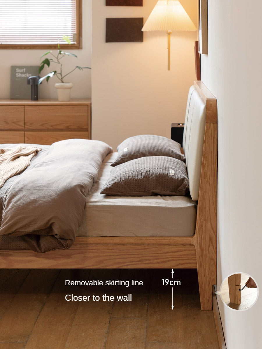 Oak Solid Wood Bed Modern Genuine Leather,Technology Cloth, Fabric
