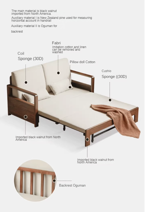 Black Walnut, Solid Sandalwood Folding Sofa Bed.