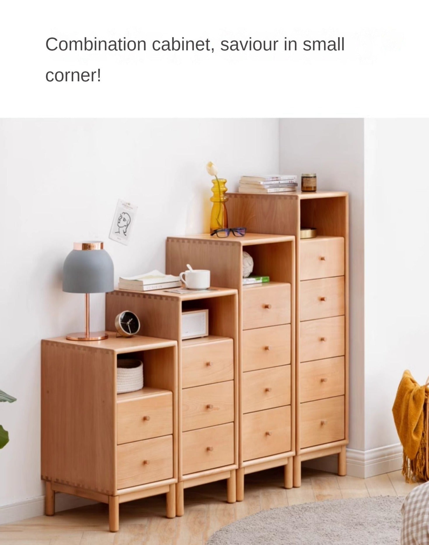 European Beech Solid Wood Storage Side Cabinet Combination
