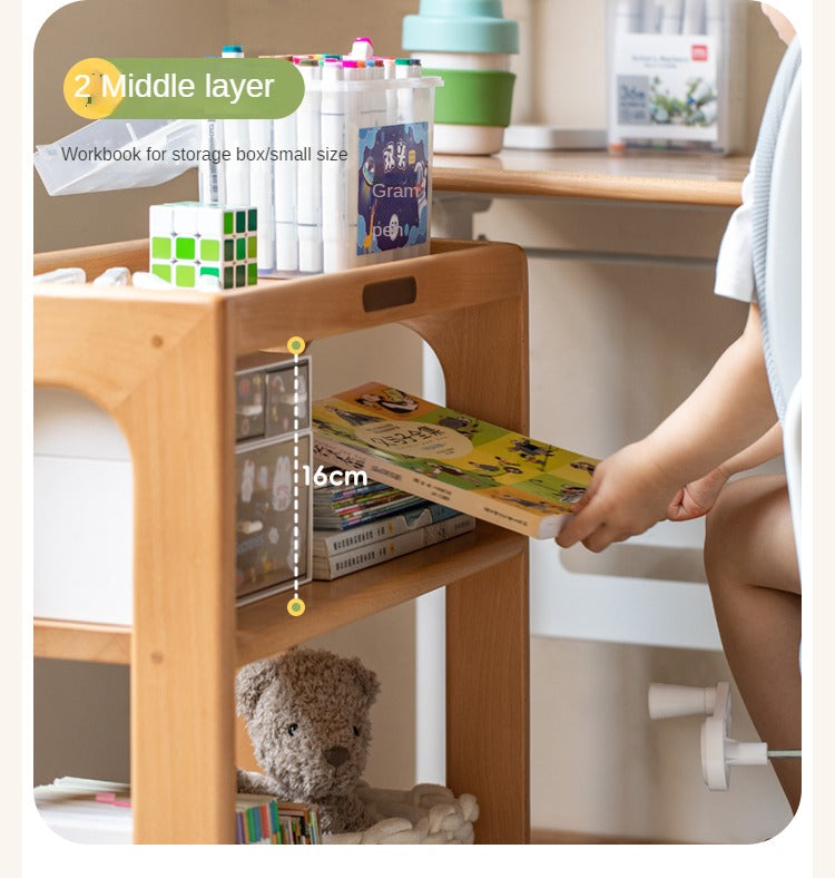 Beech Solid Wood Children's Under-Table Bookshelf with Wheels