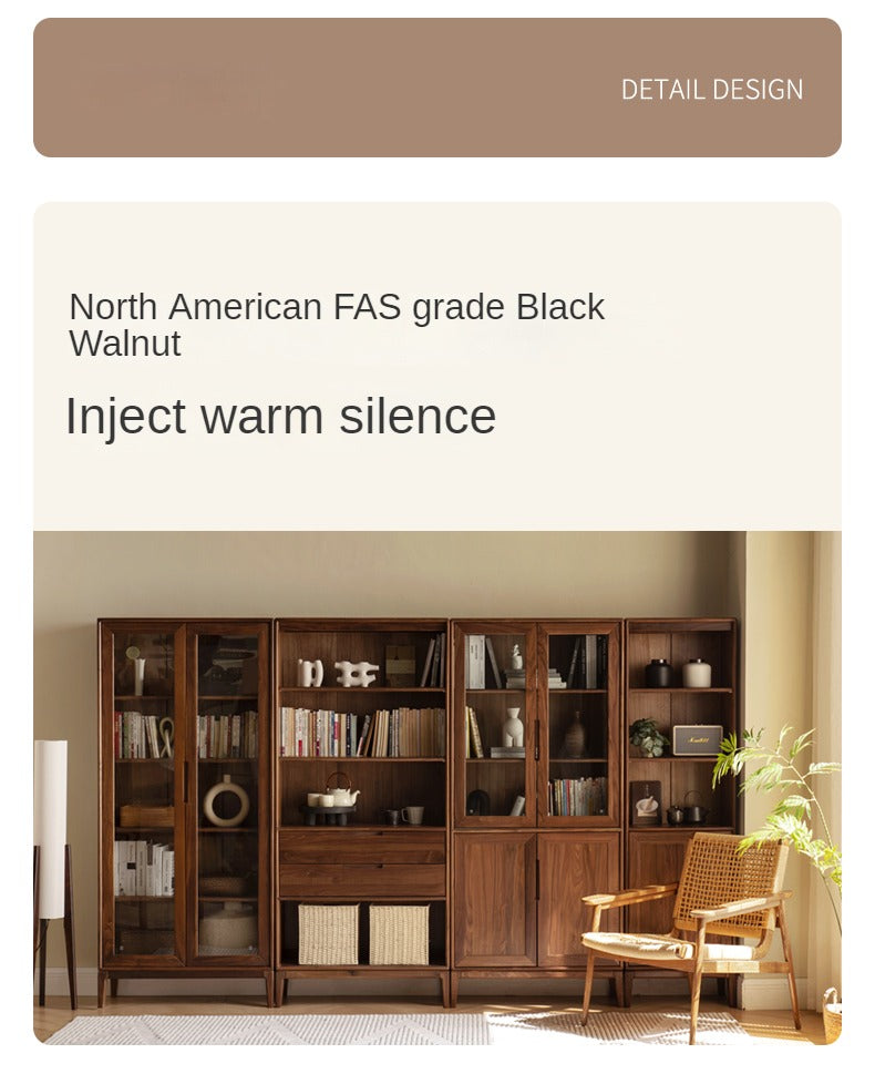Black Walnut, Ash Solid Wood Combination Dust-Proof Glass Door Bookshelf