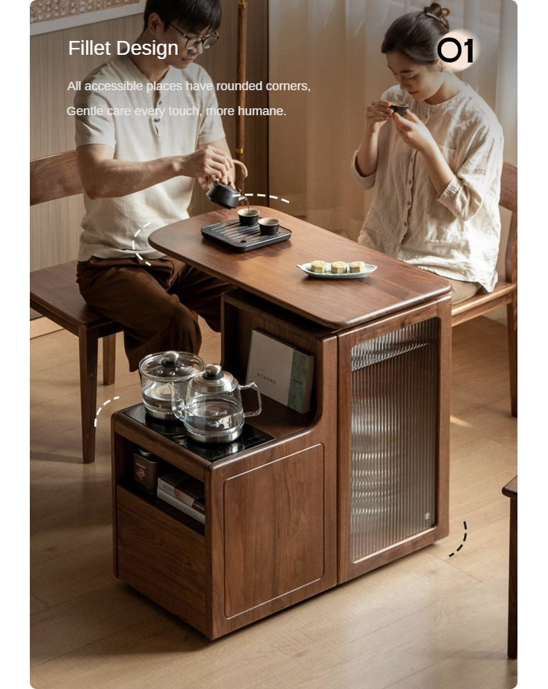 Black Walnut, Oak Solid Wood Movable Tea Cabinet With Tea Maker
