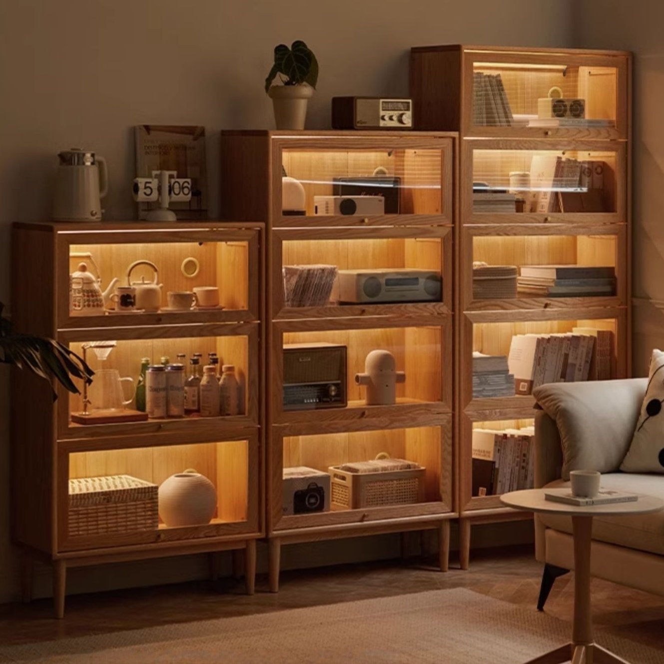 Solid Rubberwood, Oak Solid Wood Multi layer Flip Door Glass Bookcase