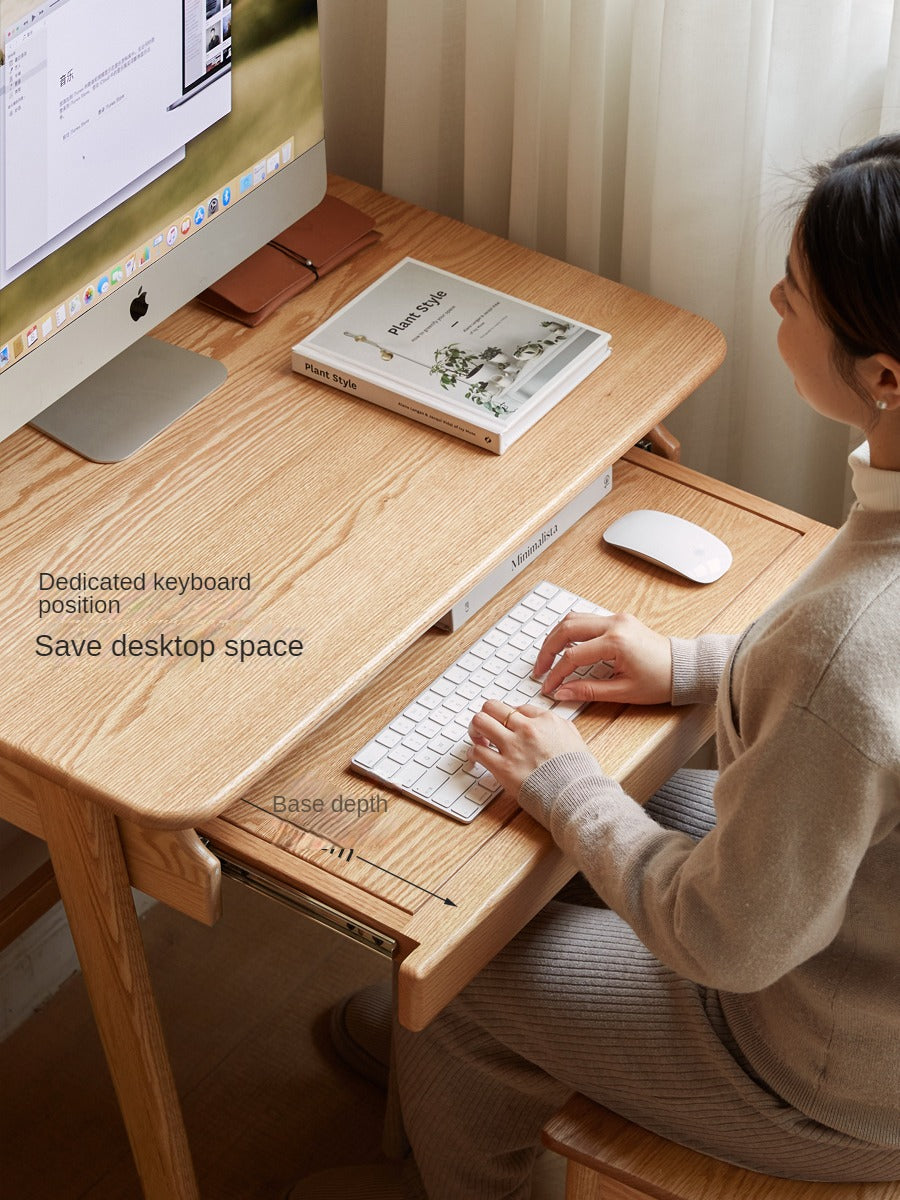 Oak, Solid Rubberwood Narrow Study Desk with Drawers