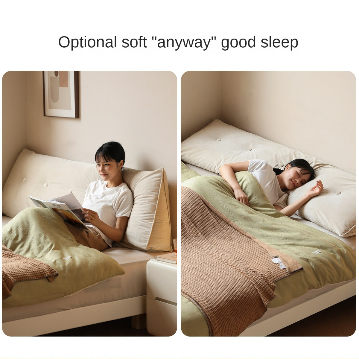 Rubberwood Solid Wood White Cream Platform Bed, Headboard-Free Bed