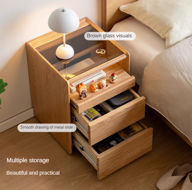 Ash, Oak Solid Wood Movable Glass Small Nightstand