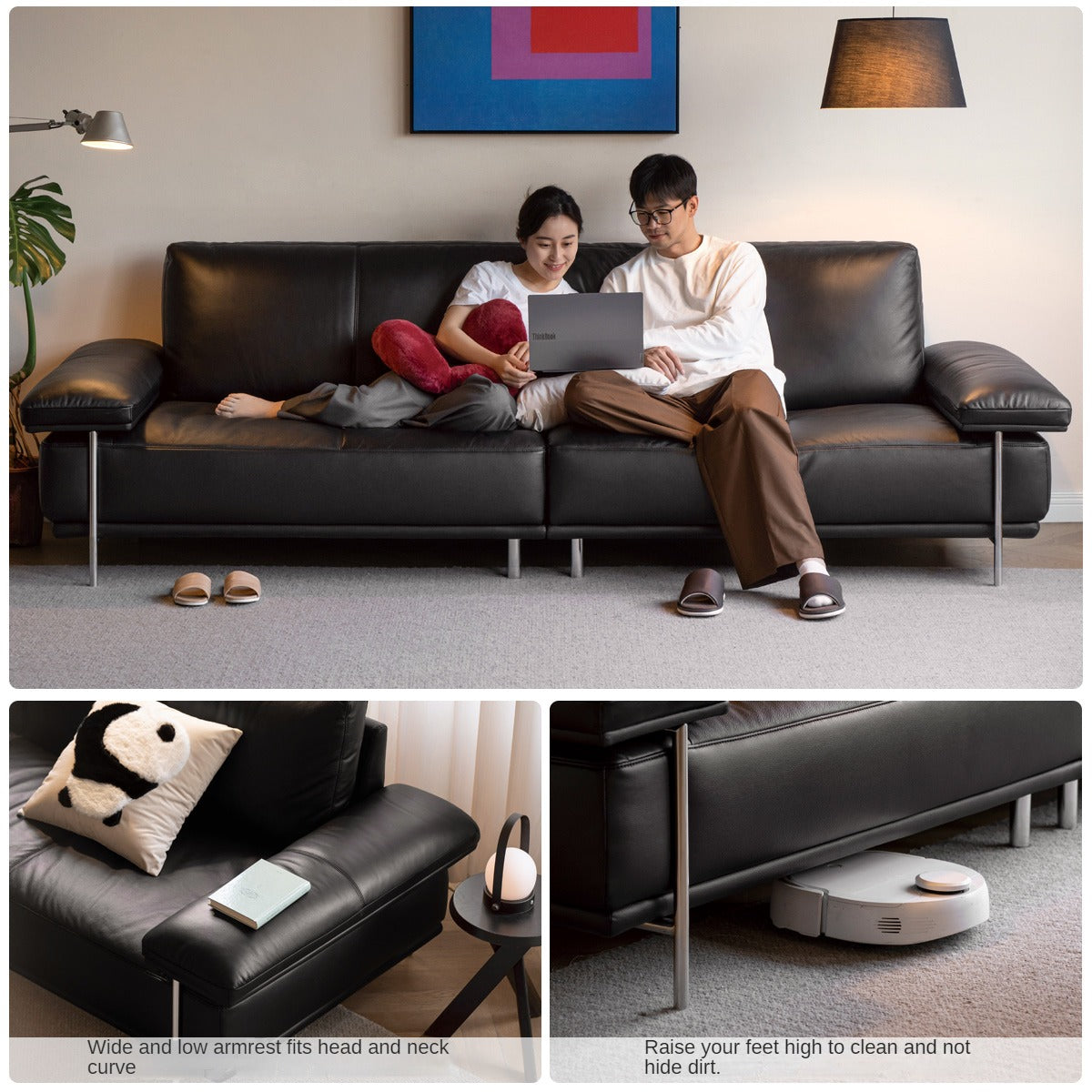 Leather Italian First Layer Yellow Cowhide Straight Sofa.