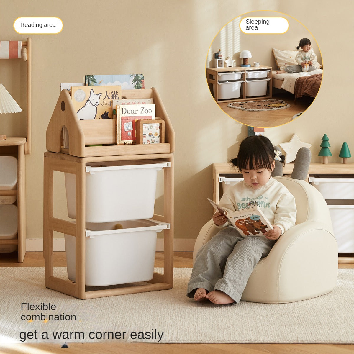 Poplar Solid Wood Children's Storage Rack Montessori Toy Storage