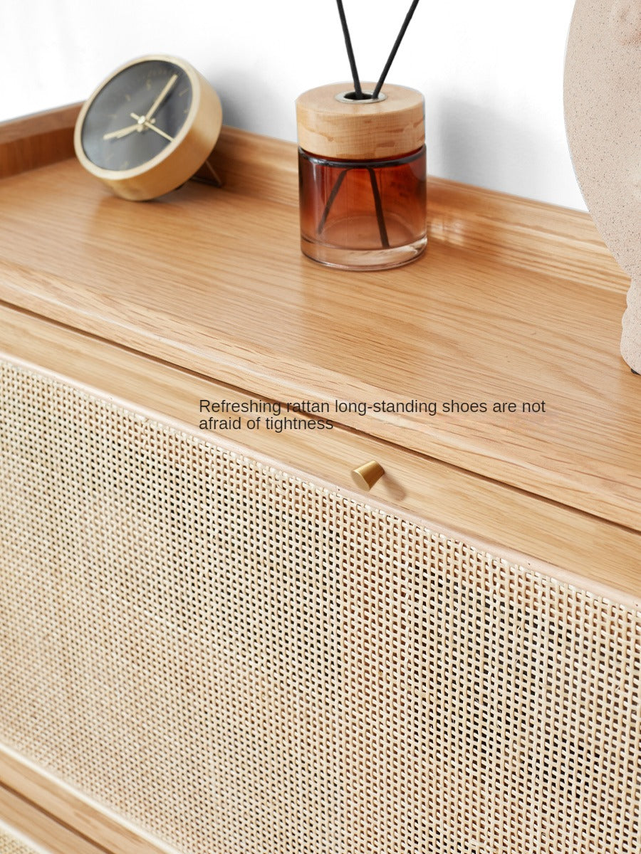 Oak Solid Wood Ultra-Thin Flap Door Rattan Shoe Cabinet
