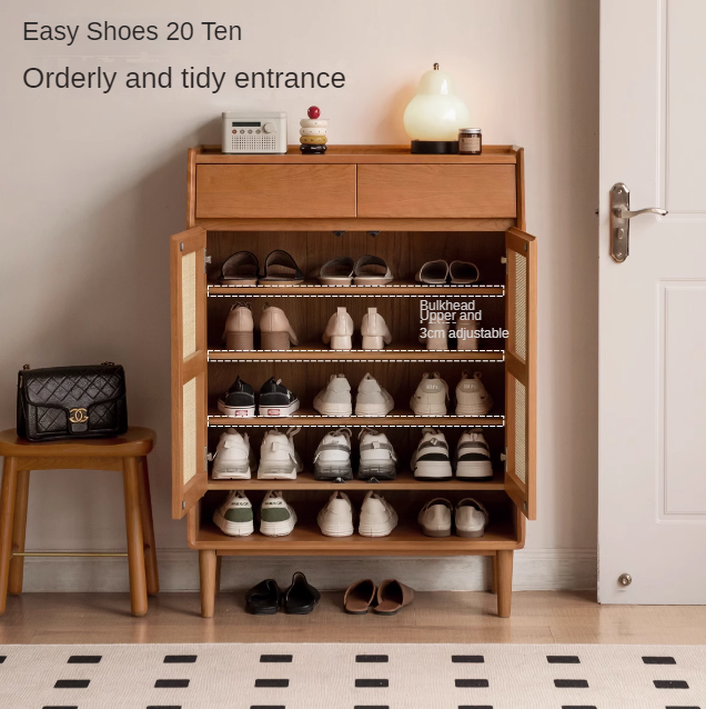 Сherry Solid Wood Rattan Locker Shoe Cabinet