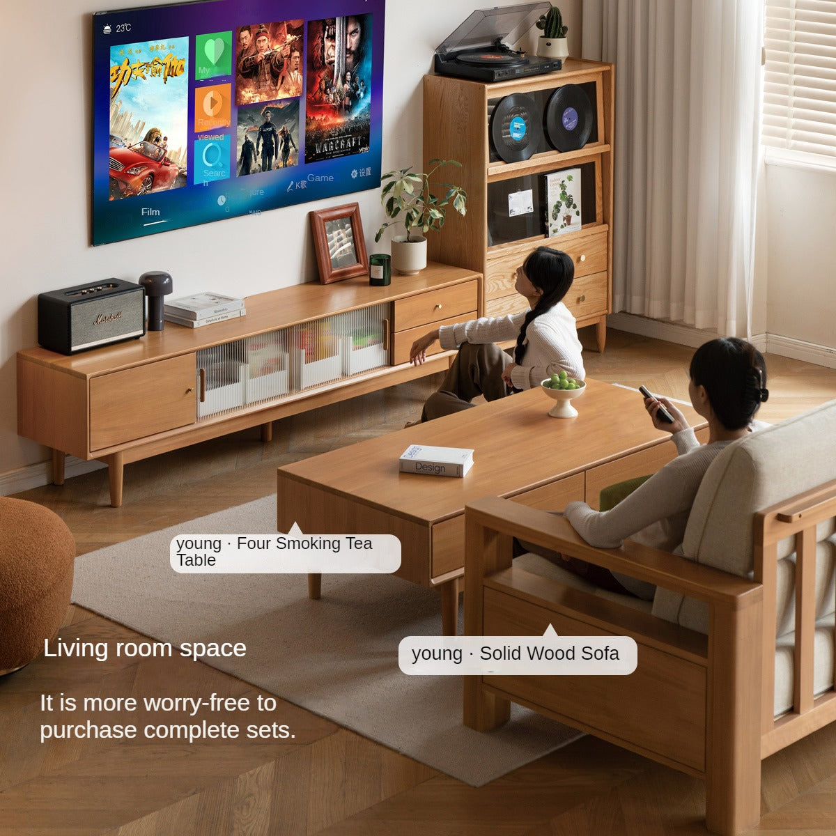 Poplar Solid Wood Glass Sliding Door Storage TV cabinet.