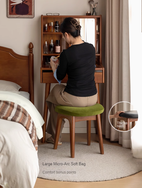 Oak, Cherry Solid Wood Makeup Soft Stool.