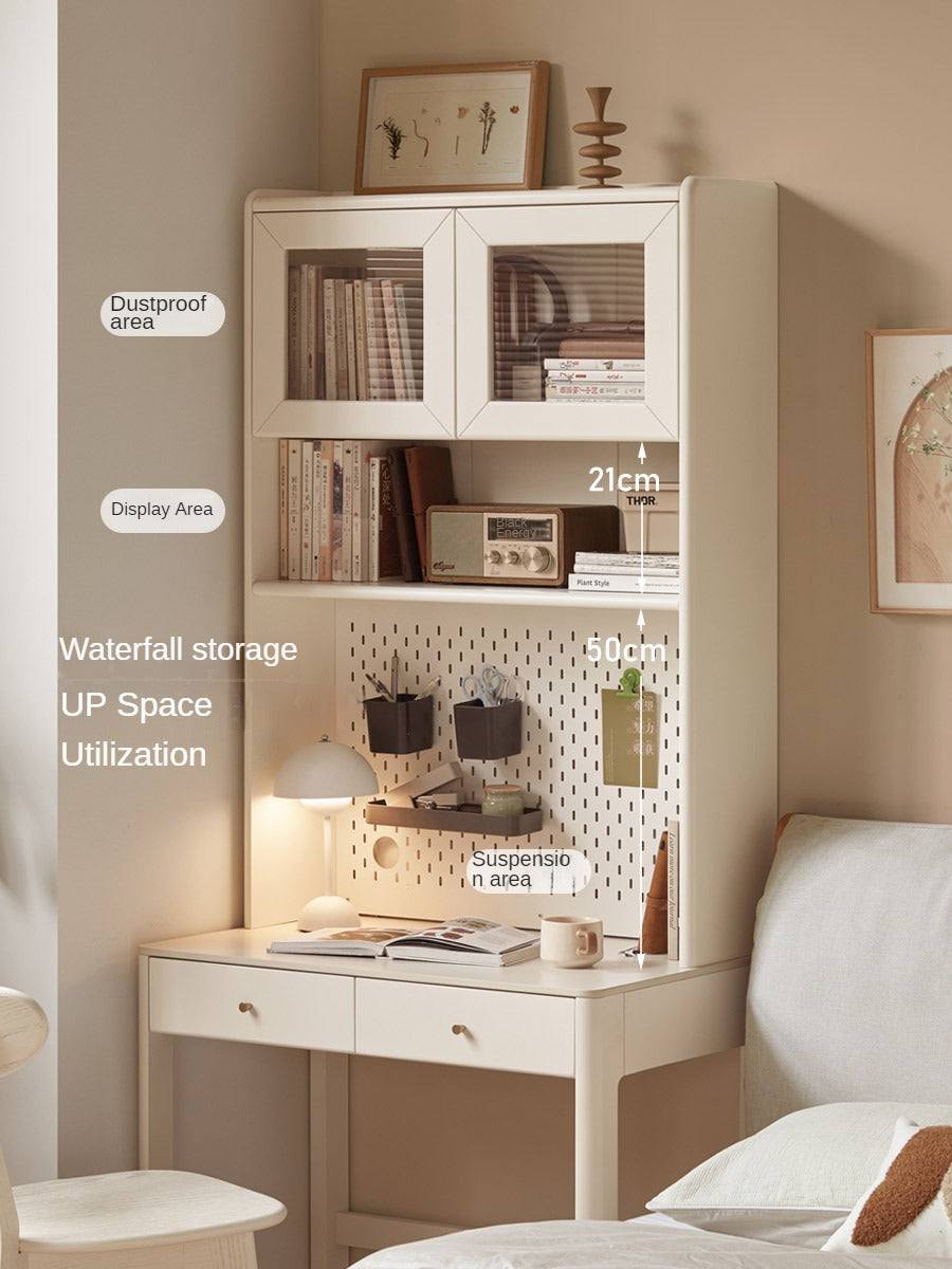 Poplar Solid Wood Rock Board Desk Bookshelf Integrated White Cream