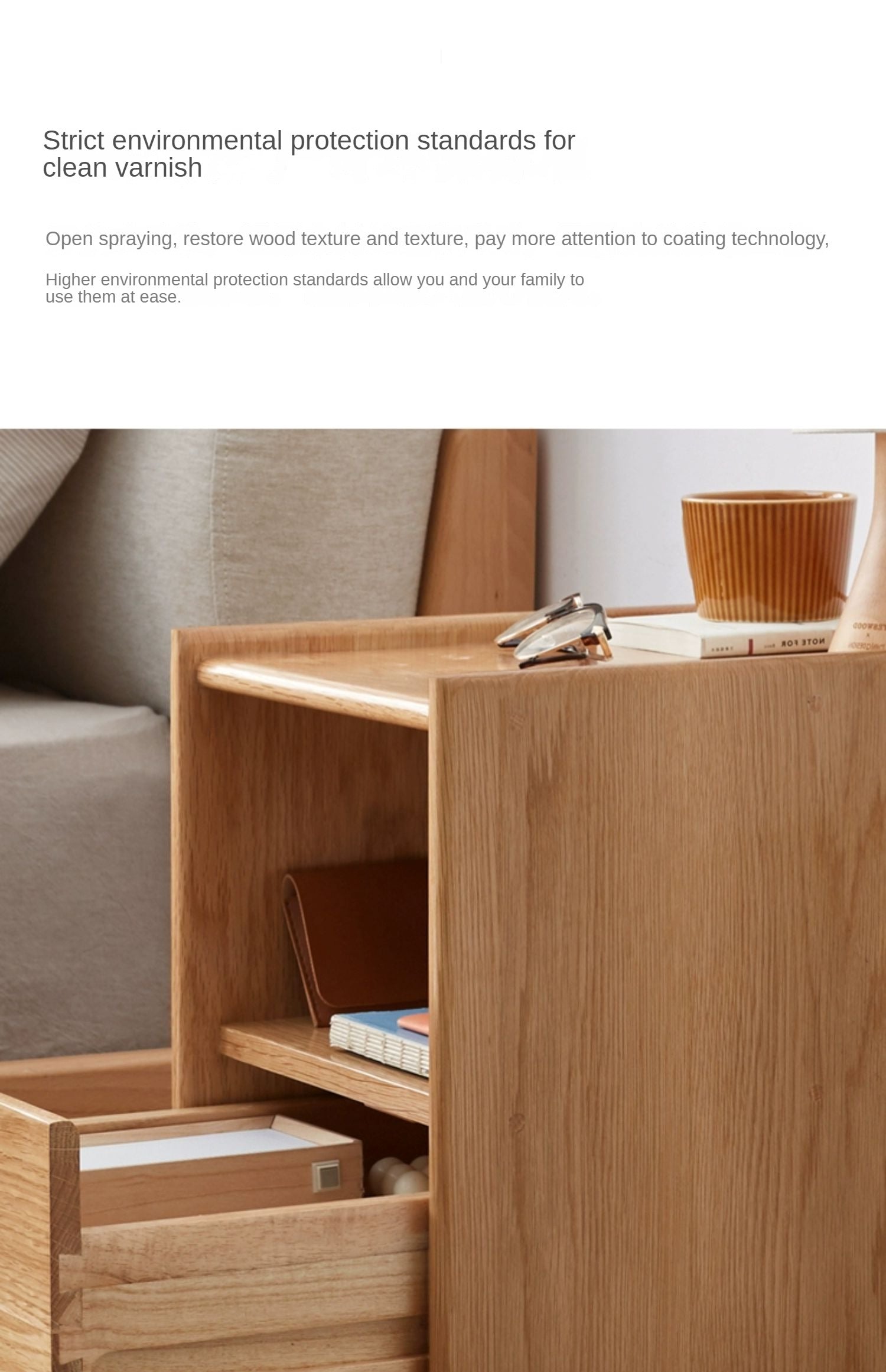 Oak Solid Wood, Solid Rubberwood Ultra-Narrow Nightstand.