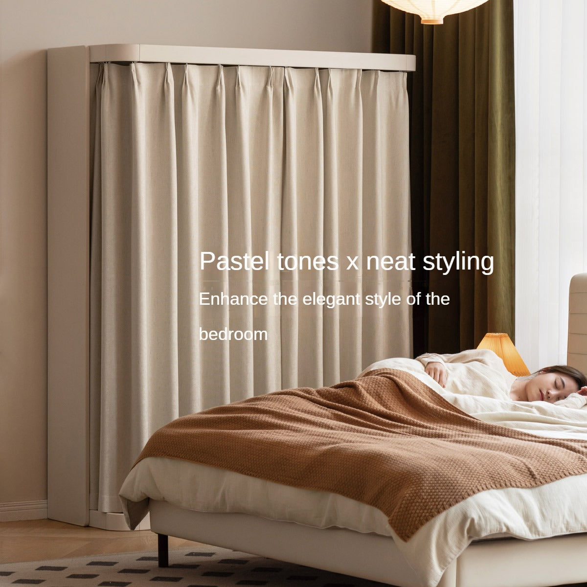 Poplar Solid Wood White Cream Walk-in Curtain Wardrobe.