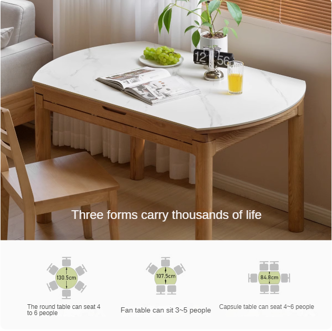 Solid Ruberwood, Oak, Ash Solid Wood Retractable Rock Plate Dining Table