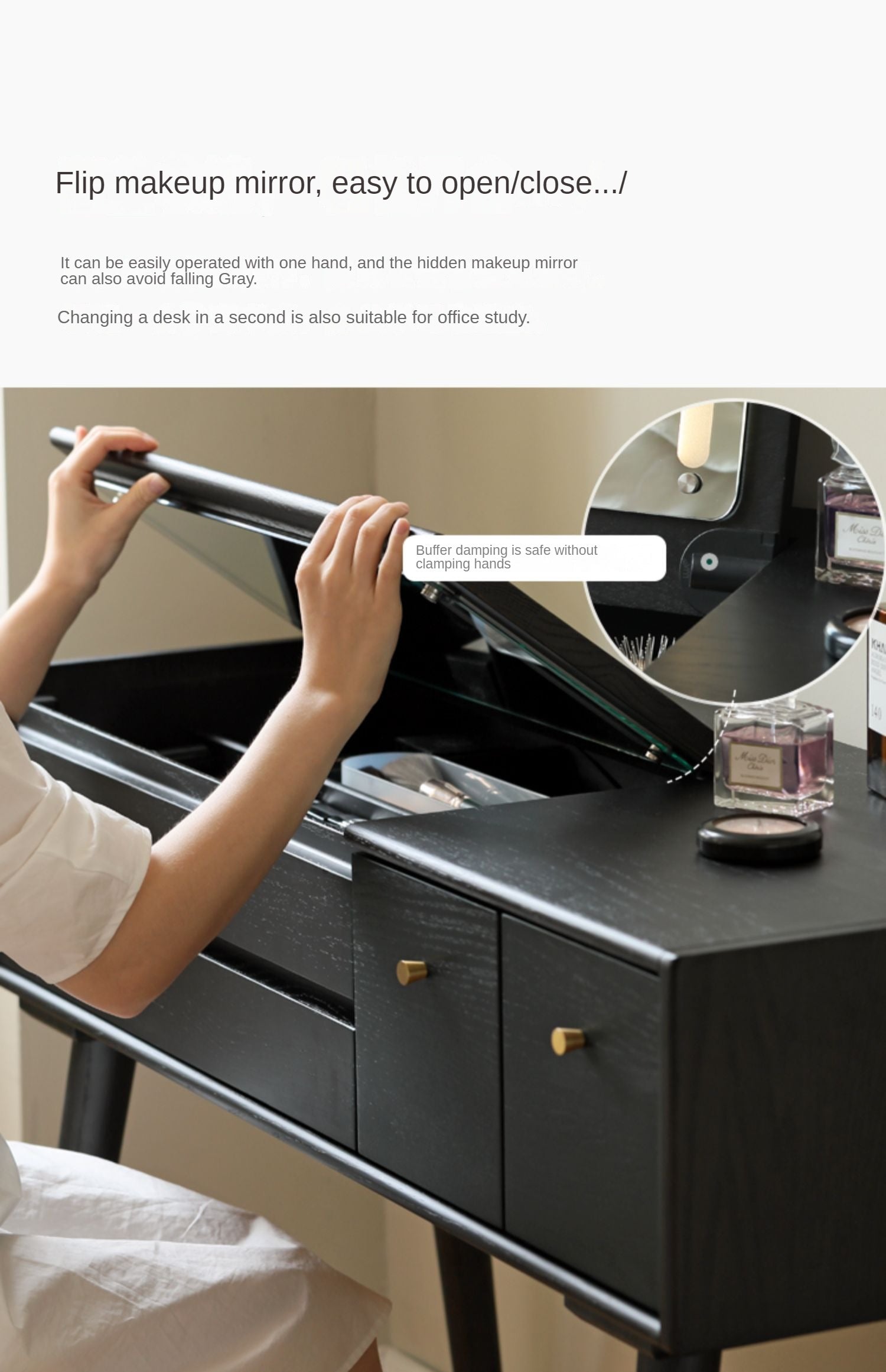 Oak Solid Wood Black Makeup Table Mirror LED Touch.