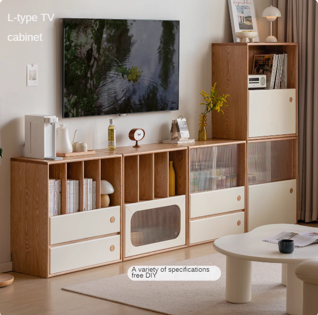 Oak, Beech Solid Wood Cream Style Module Combination Bookcase
