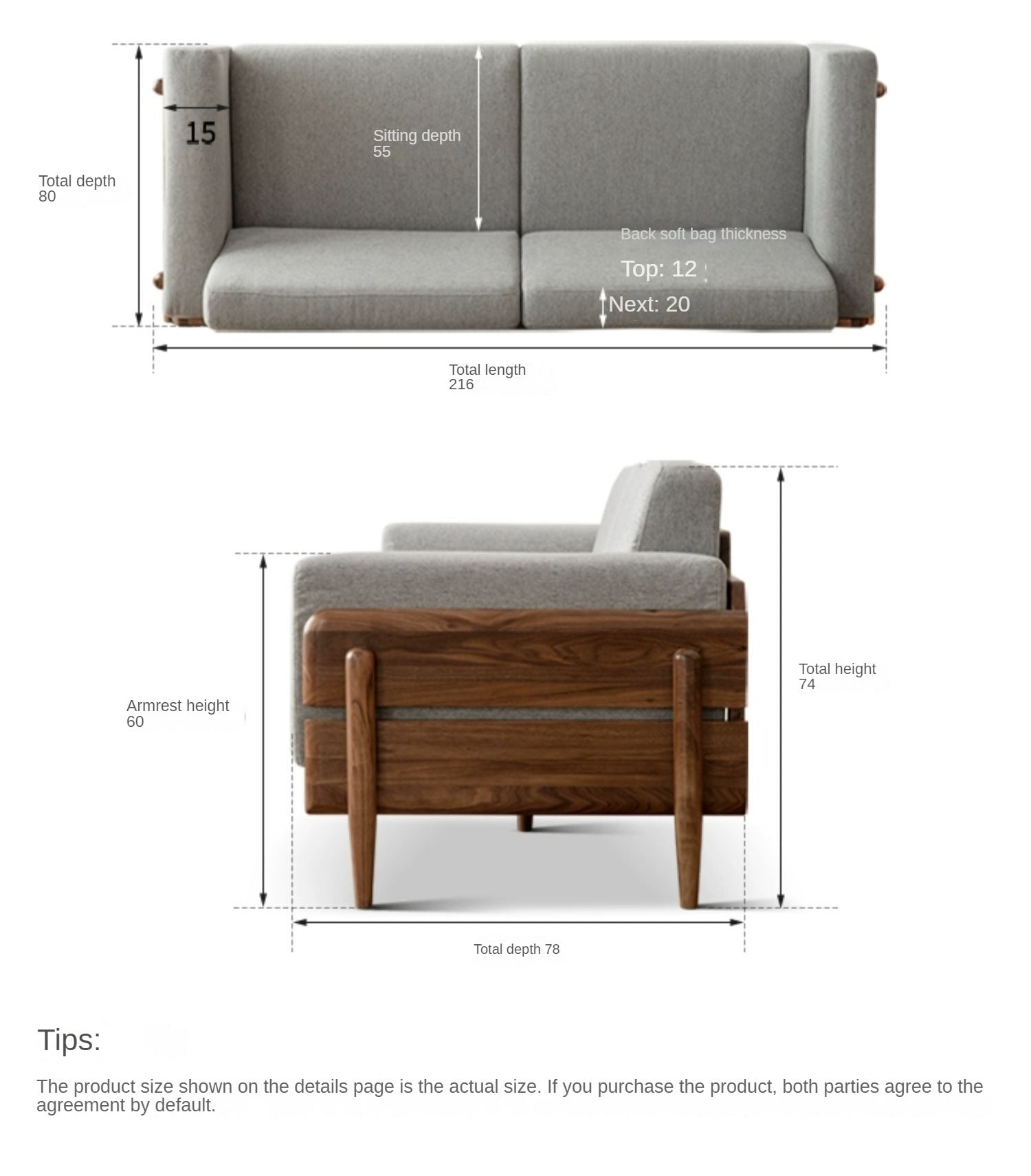 Black Walnut Solid Wood Fabric Sofa.