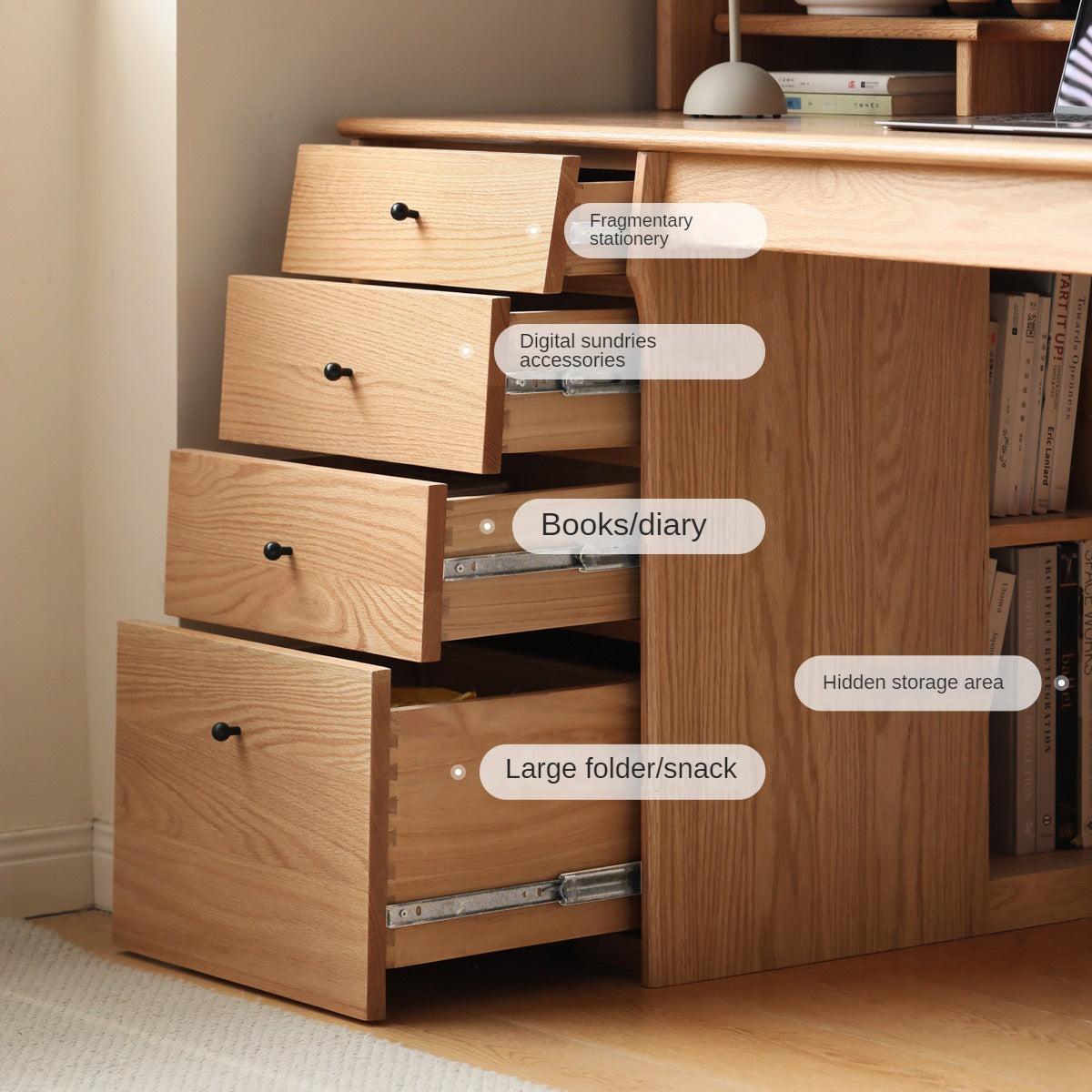 Oak, Cherry Solid Wood Desk Bookshelf Integrated Warm Light