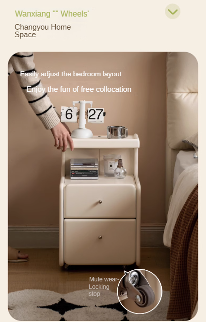 Solid RubberWood Movable Cream Style Nightstand With Light