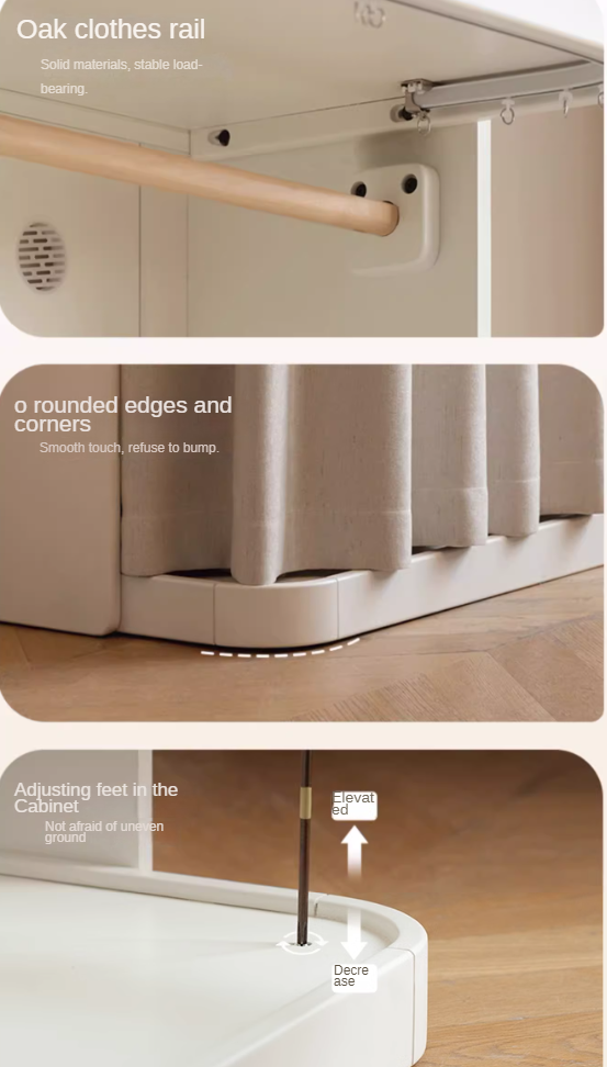 Poplar Solid Wood White Cream Walk-in Curtain Wardrobe.