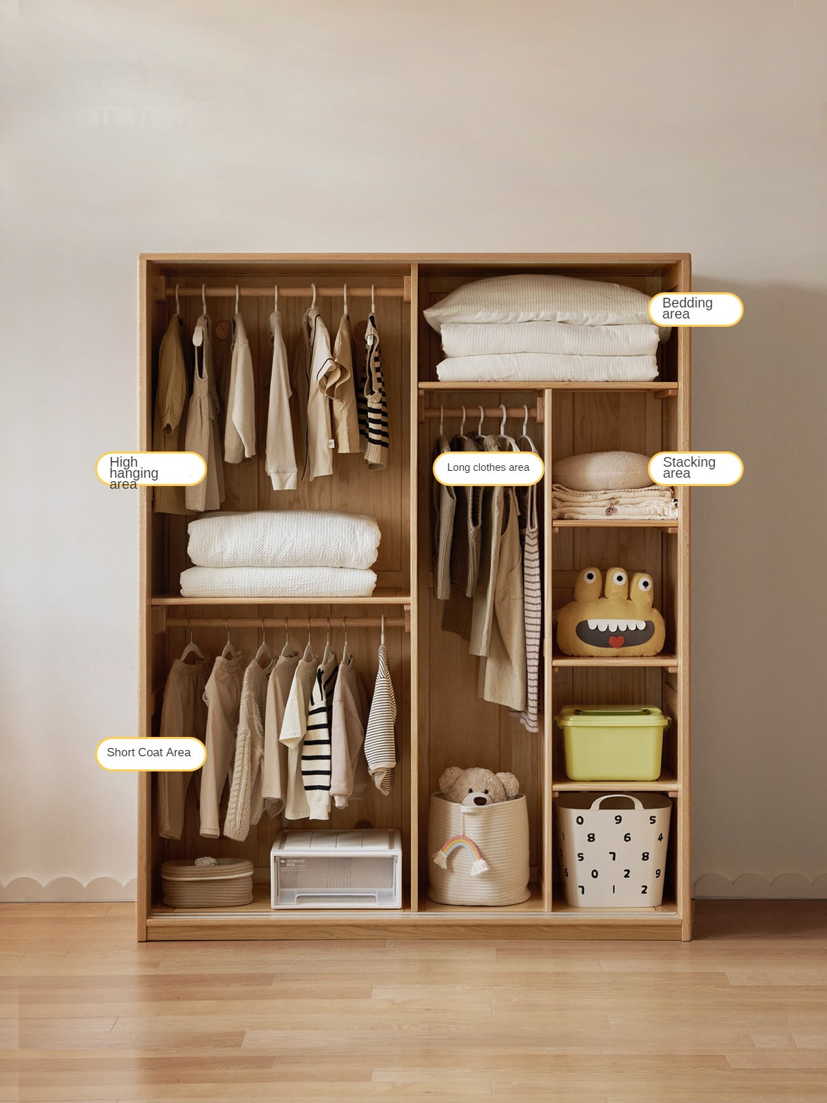 Oak Solid Wood Children's Sliding Door Wardrobe Storage Cabinet