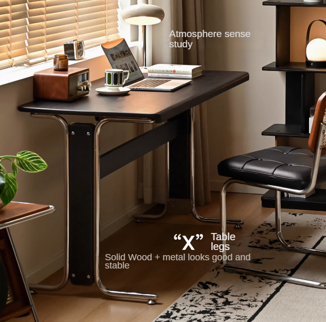 Oak Solid Wood Bauhaus Black Computer Desk.
