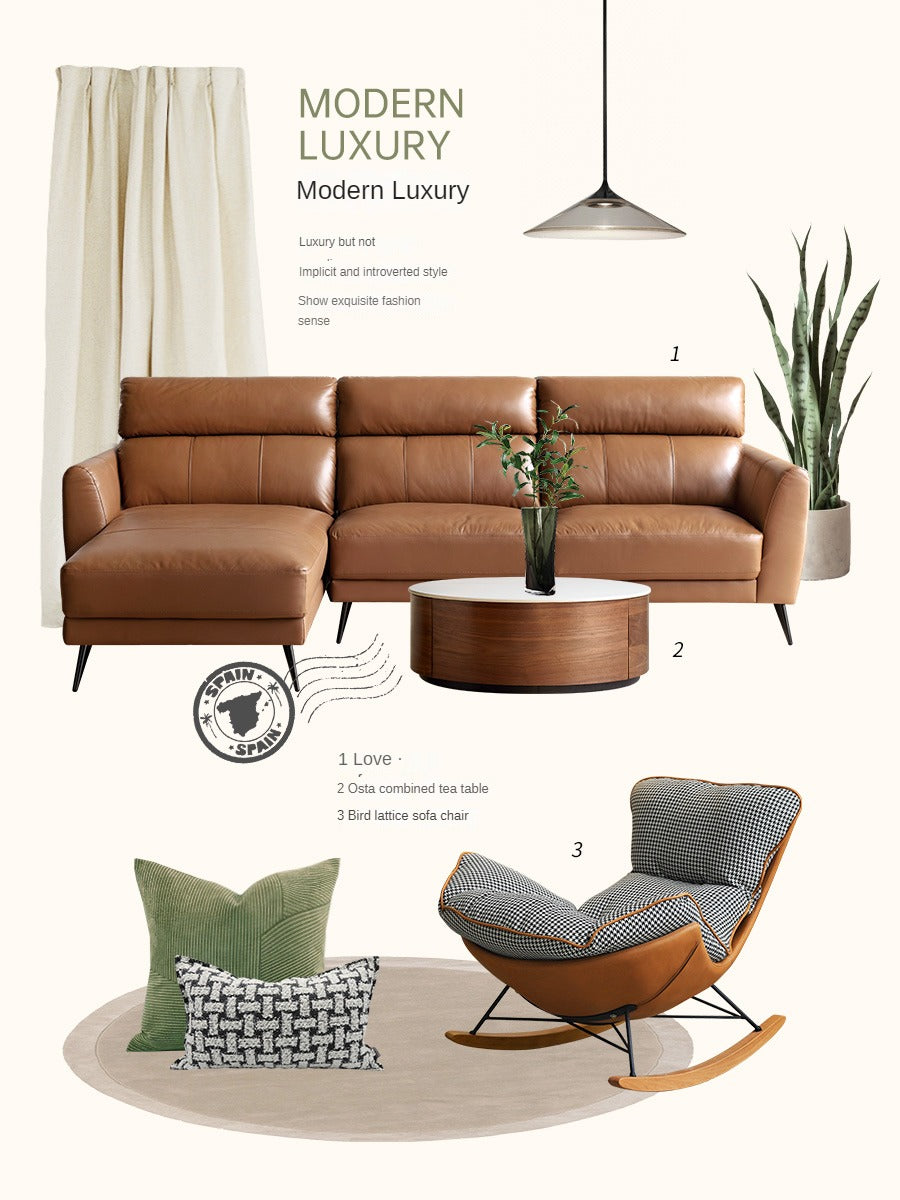 First-layer Yellow Cowhide Leather Sofa Light Luxury Italian Style.