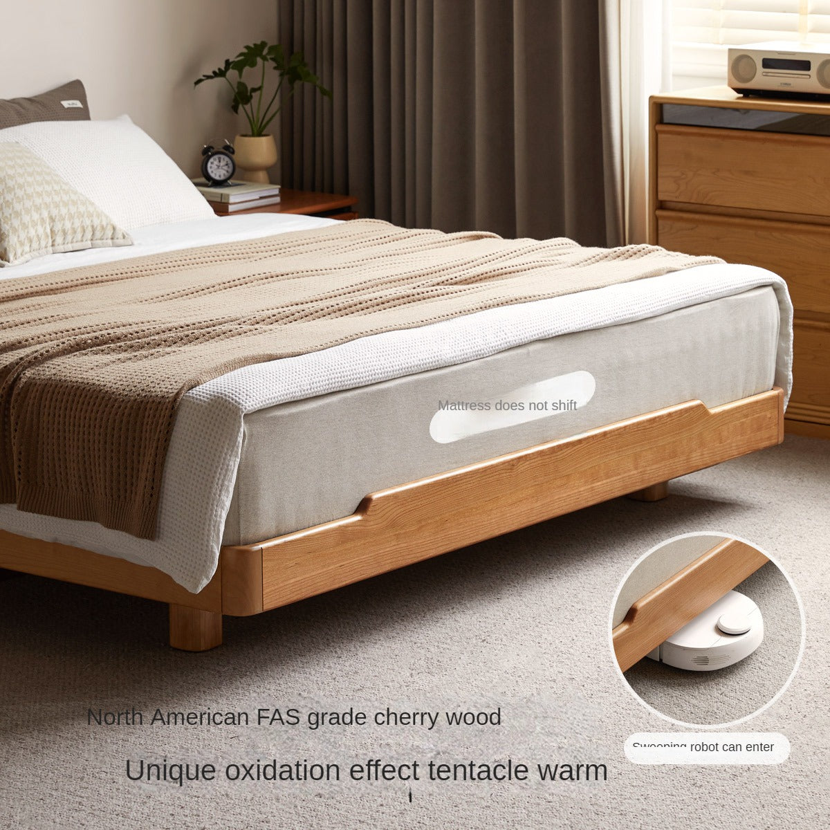 Cherry Wood Solid Wood platform bed, headboard-free bed with Light.