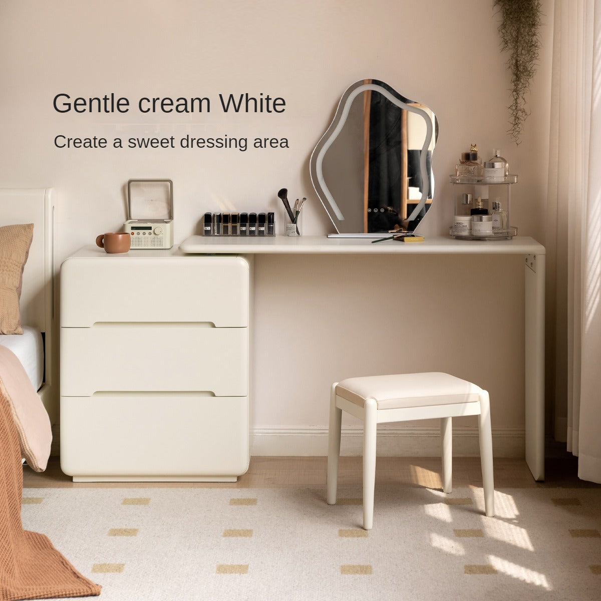 Birch Solid Wood, Solid Rubberwood Modern White Makeup Stool