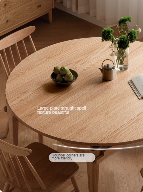 Solid Rubberwood, Oak Solid Wood Folding Round Retractable Dining Table