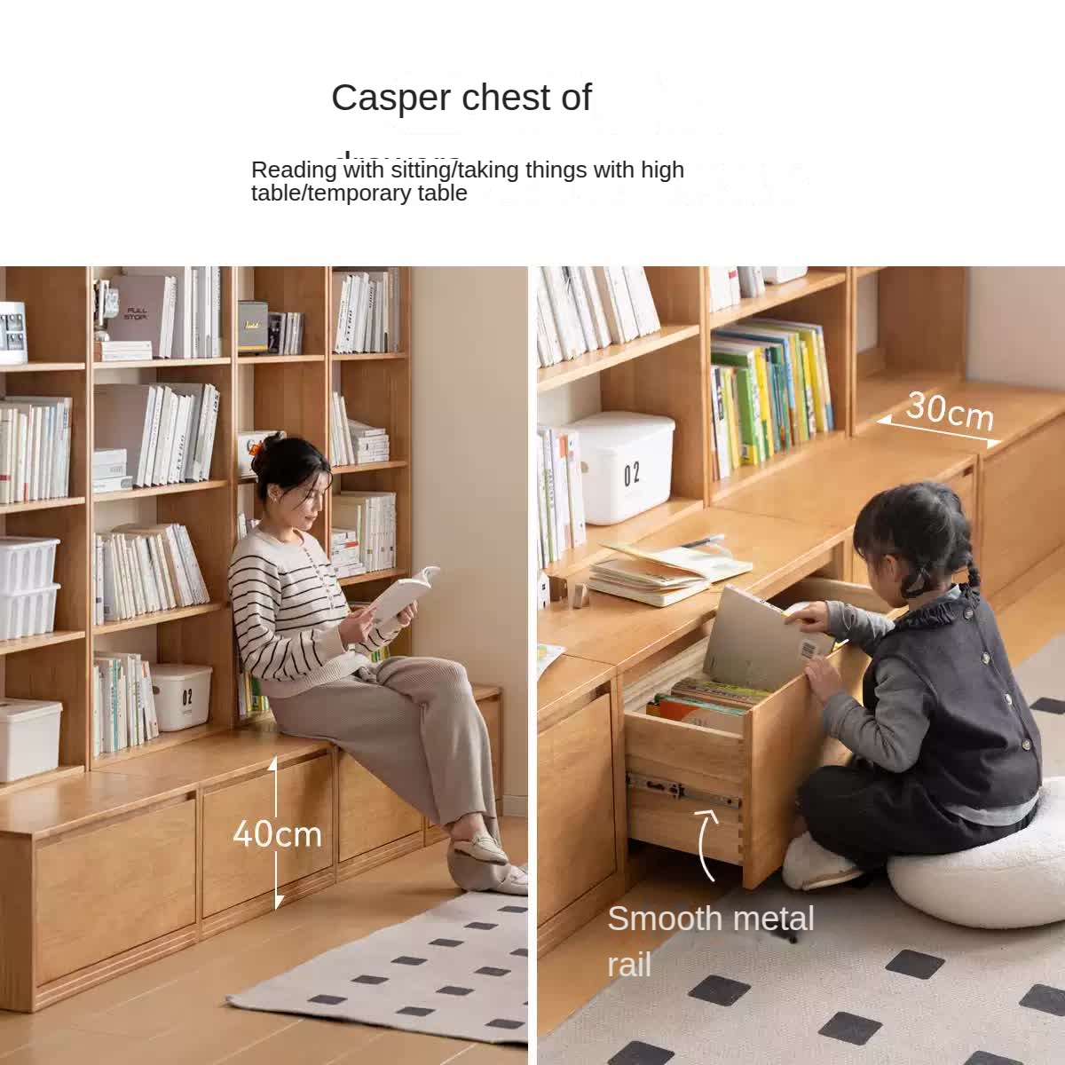Rubber pure solid wood bookshelf floor-standing cabinet.