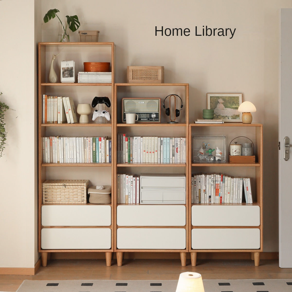 Oak, Rubber Solid Wood Modern Storage Bookcase