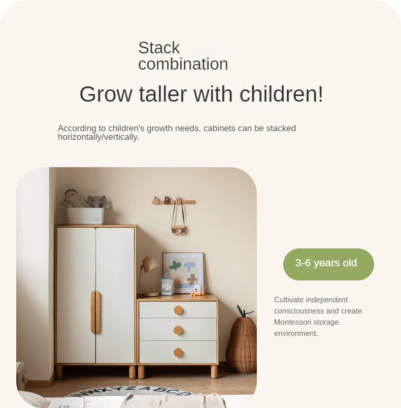 Oak Solid Wood Children's Wardrobe Combination Storage Cabinet