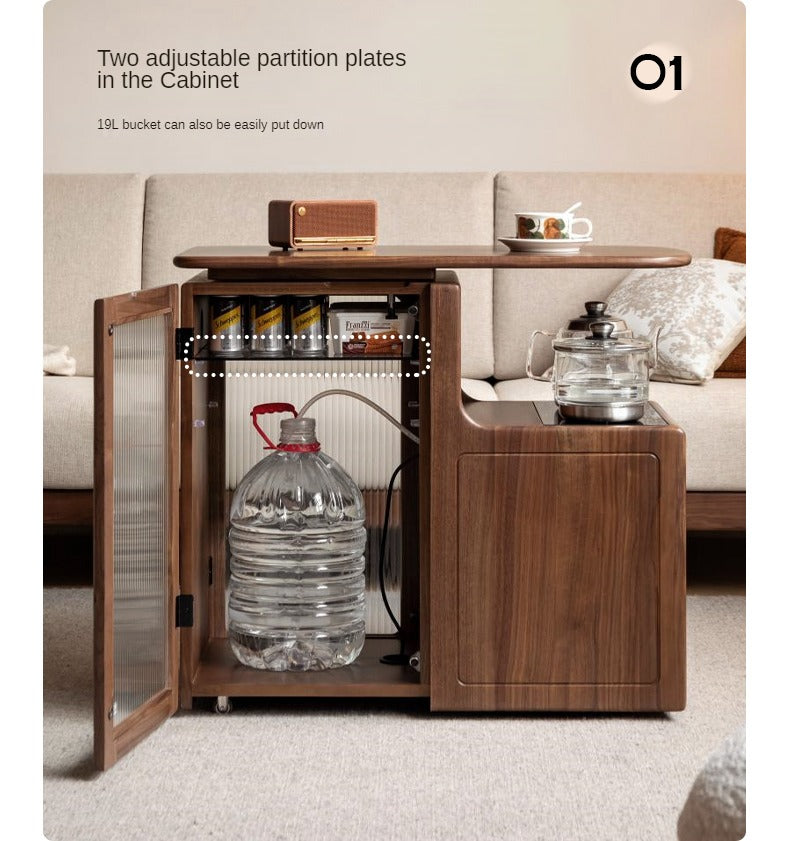 Black Walnut, Oak Solid Wood Movable Tea Cabinet With Tea Maker