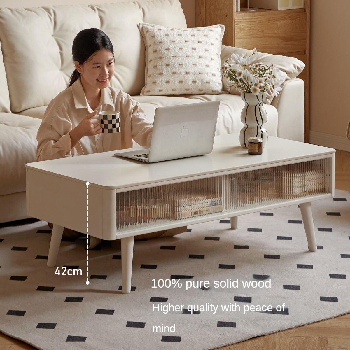 Rubber Solid Wood White Cream Style Rock Plate Coffee Table