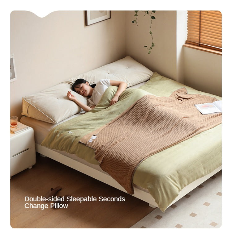 Rubberwood Solid Wood White Cream Platform Bed, Headboard-Free Bed