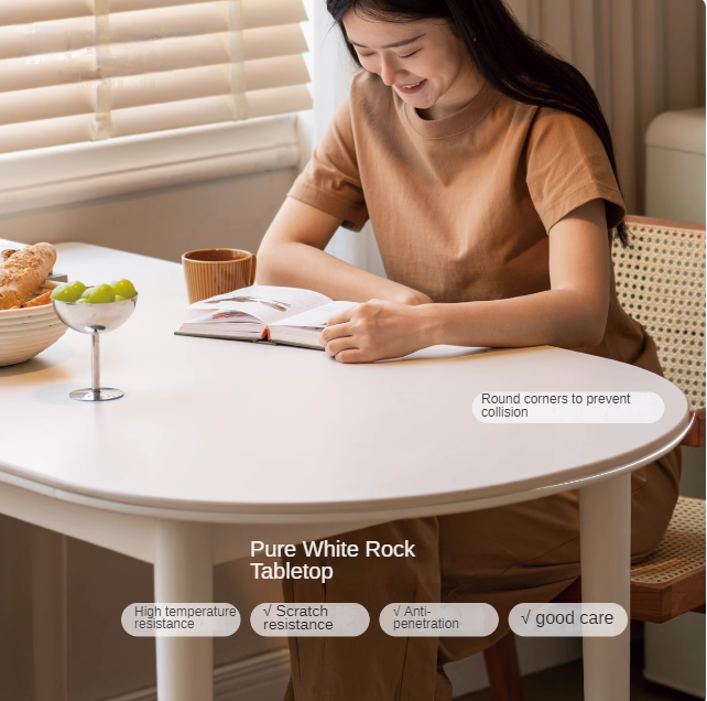 Rubberwood Solid Cream Style Semi-Circular Rock Plate Dining Table