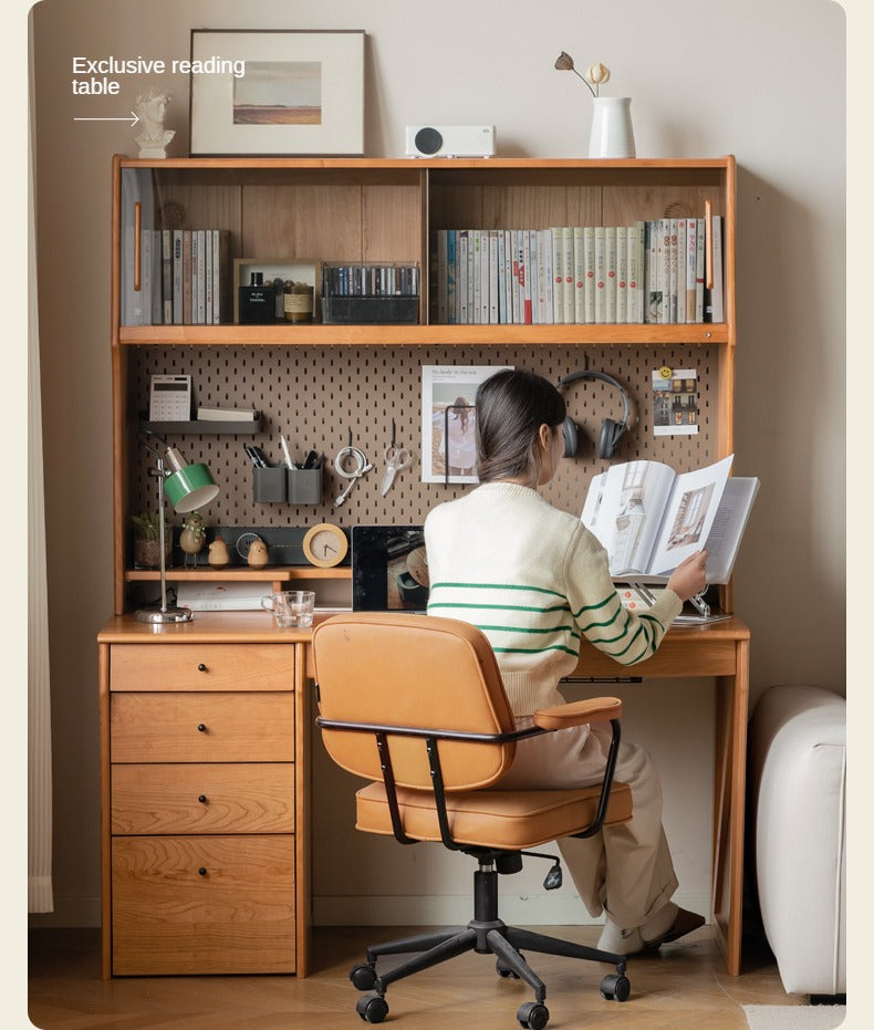 Cherry Wood Desk and Bookshelf Integrated Office Desk