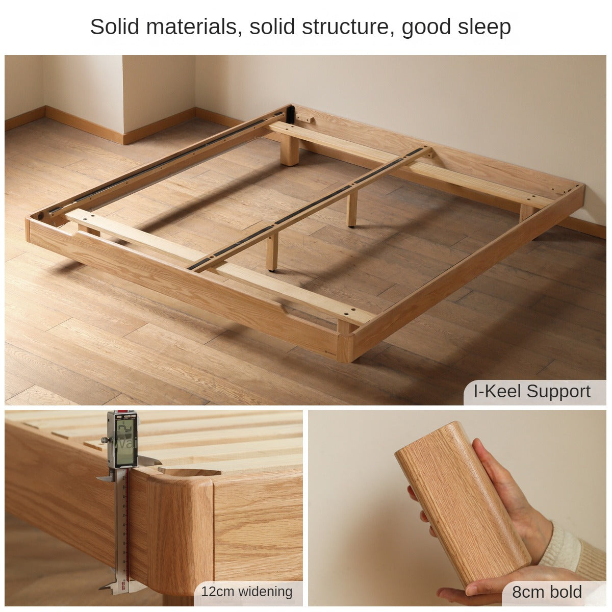 Oak, Beech Solid Wood Modern Platform Bed, Headboard-Free Suspended Bed with Light