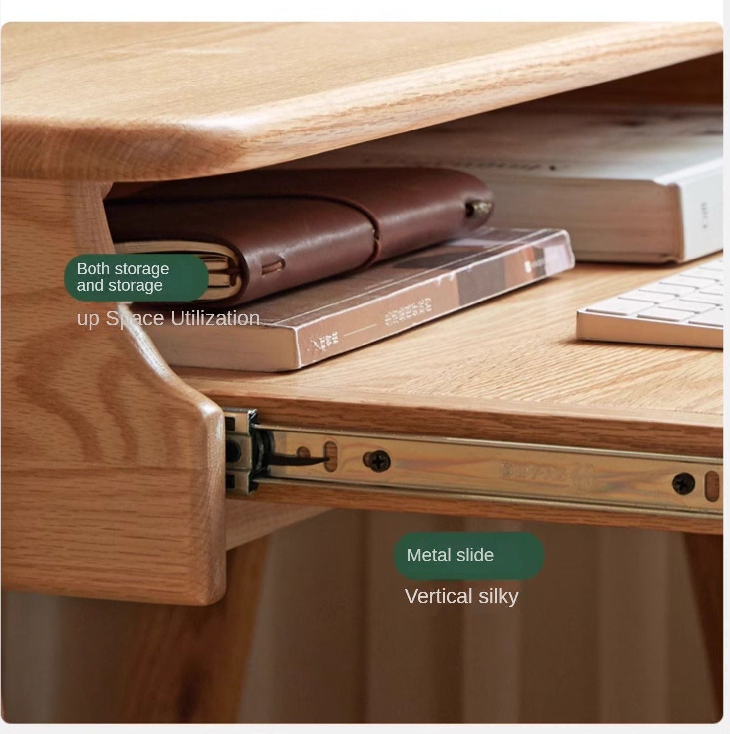 Oak, Solid Rubberwood Narrow Study Desk with Drawers