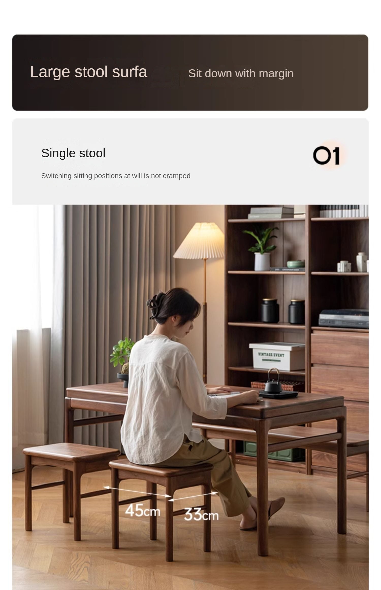 Black Walnut, Oak Solid Wood Tea Stool, Long Stool