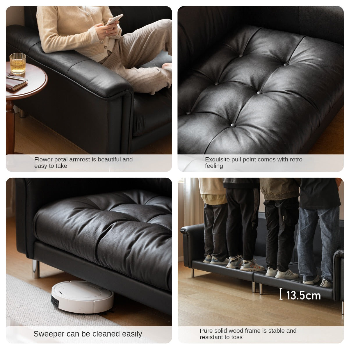 Leather Light Luxury Black Straight Sofa,