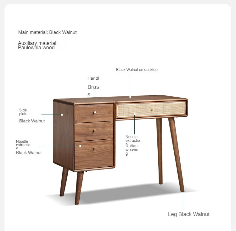 Black Walnut Solid Wood Rattan Dressing Table.