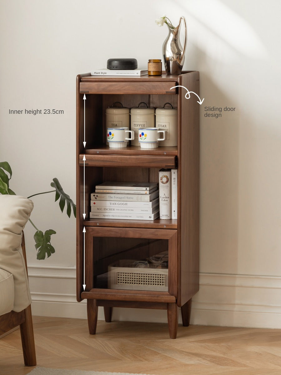 Black Walnut, Oak Solid Wood Glass Flip Door Display Side Cabinet LED Lights
