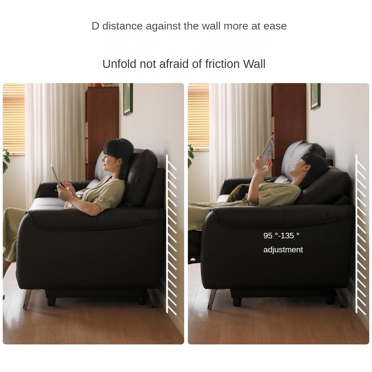 Leather Top Layer Yellow Cowhide Black Multifunctional Electric Sofa,