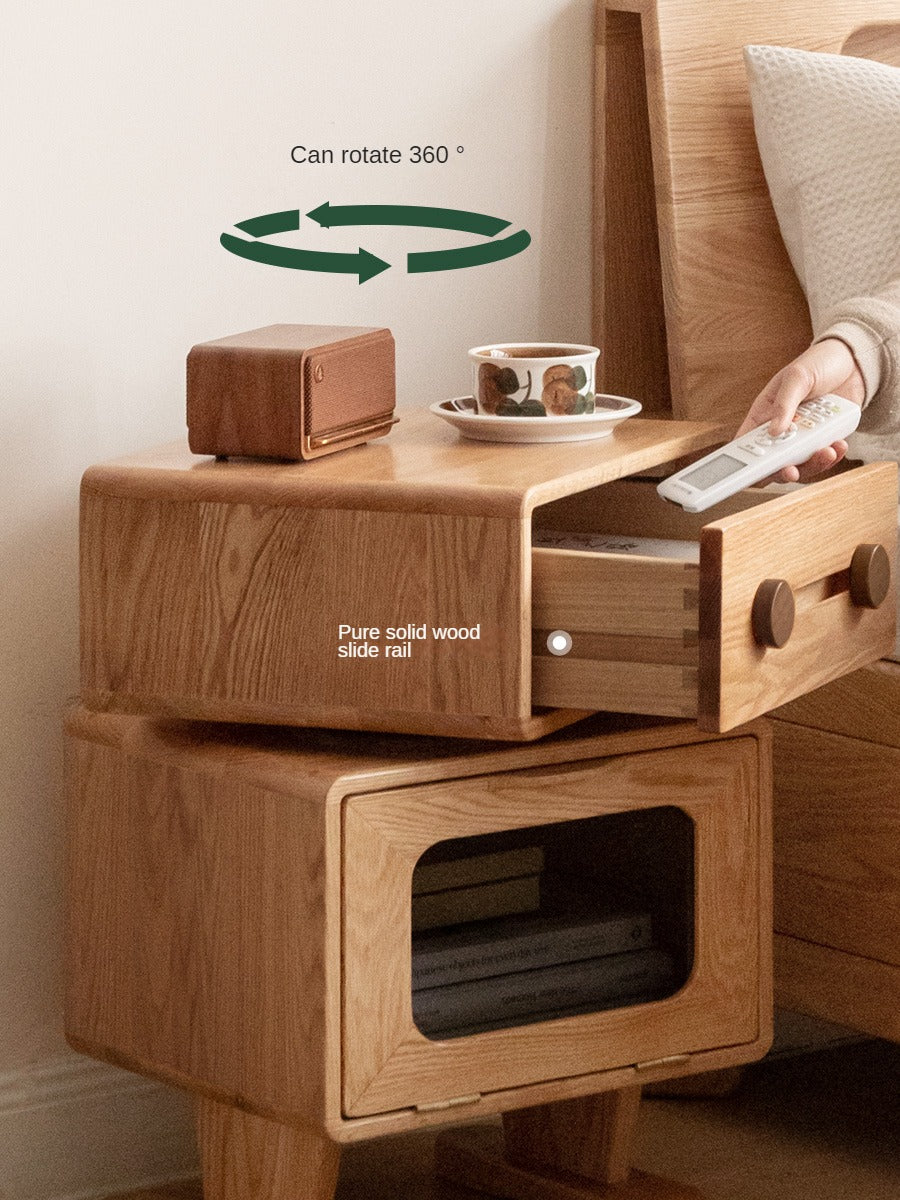 Oak Solid Wood Nightstand Rotate 360°.